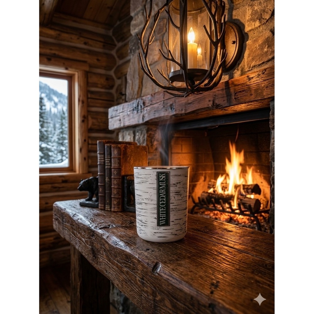 East West White Cedar Musk Scented Candle 16.25 oz Birch Bark Glass Jar with Lid